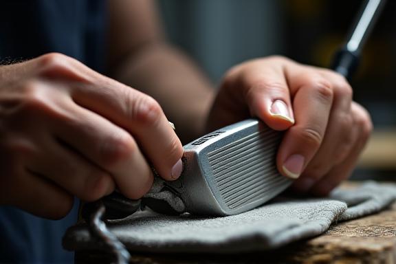 職人の手がゴルフヘッドを綿密に磨いているクローズアップ